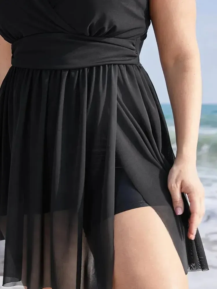 Sculpt Waist Ruched Split Hem Swim Dress