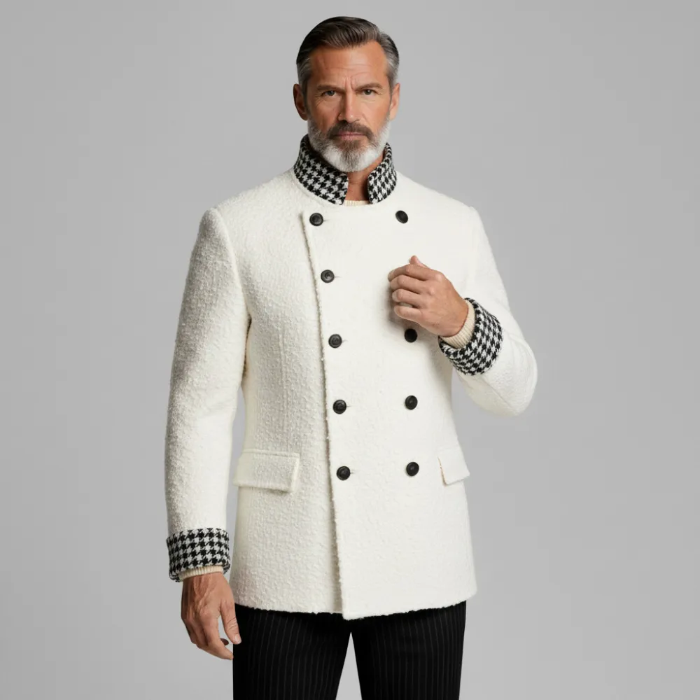 Men's White Houndstooth Pattern Patchwork Stand Collar Long Sleeve Double Breasted Textured Coat