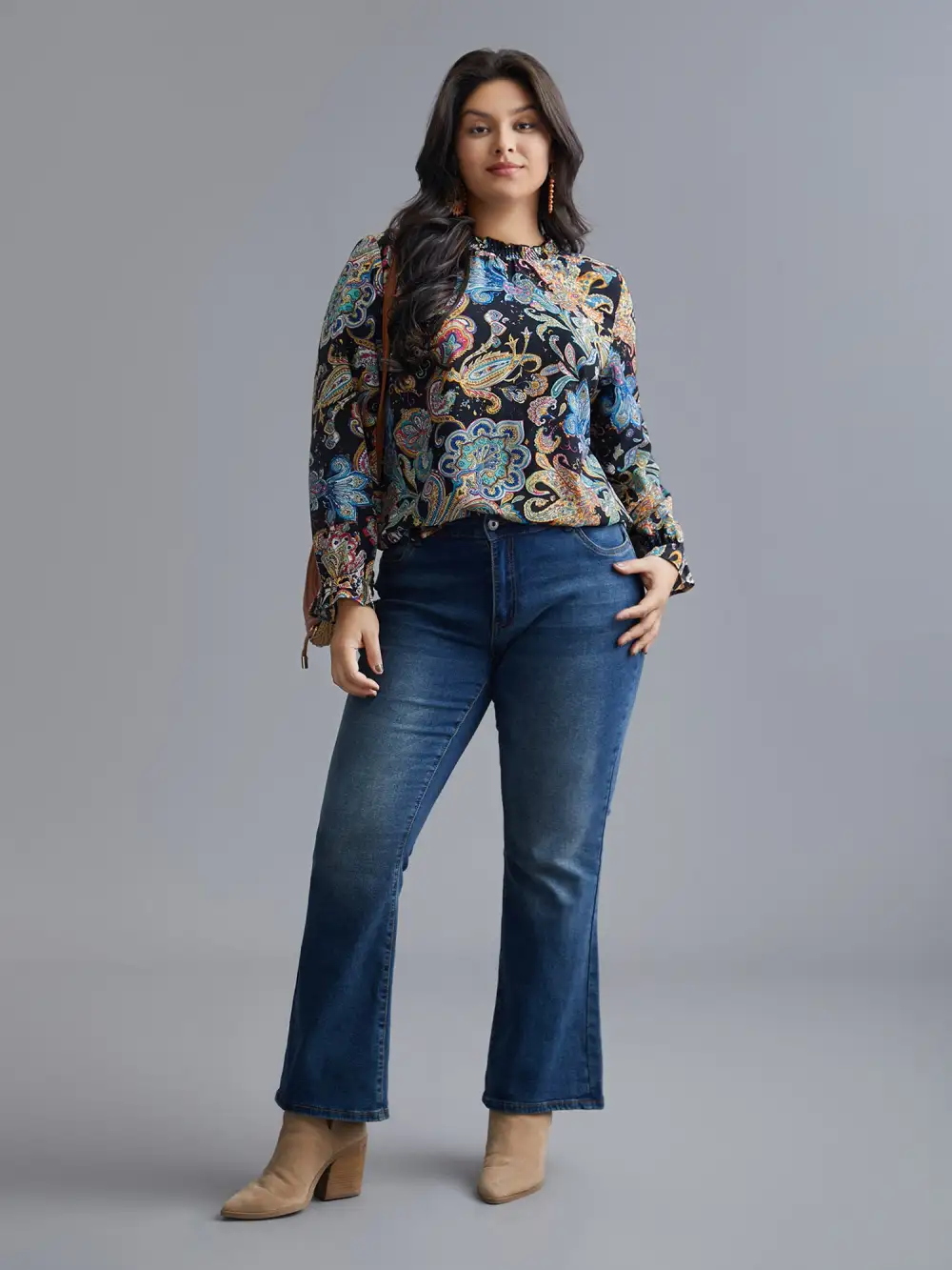 Stand Collar Paisley Shirred Blouse