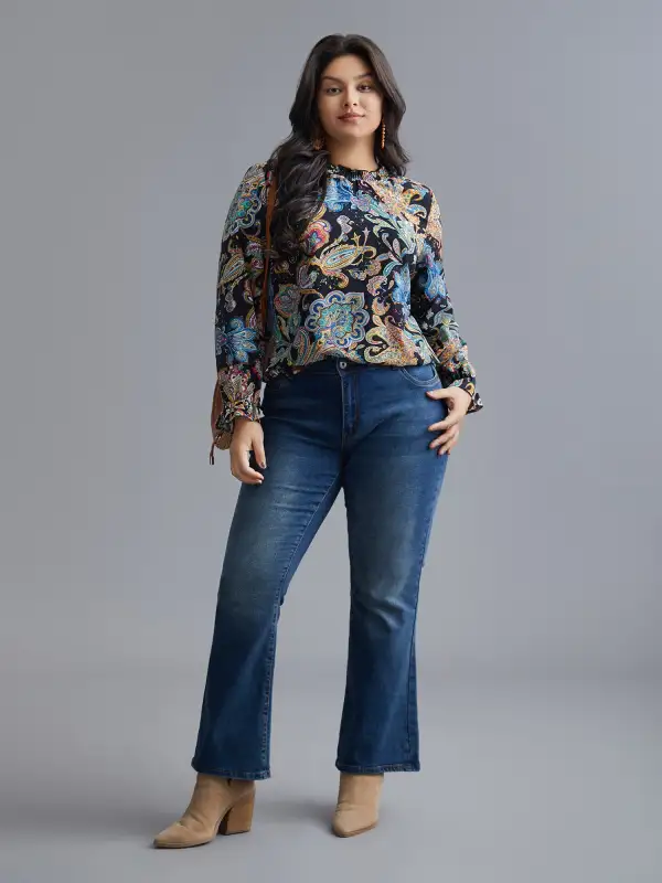 Stand Collar Paisley Shirred Blouse