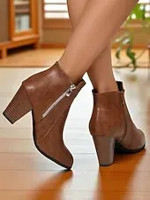 Women's Brown Faux Leather Ankle Boots with Zipper Closure and Block Heel - Stylish Western Fall Footwear for Daily and Casual Outfits