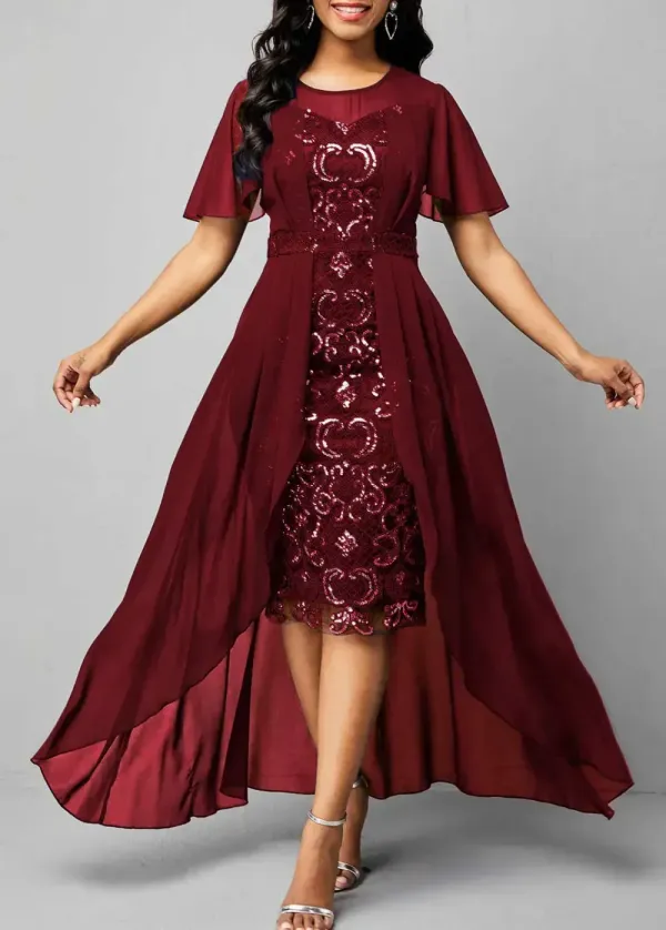Chiffon Sequin Embroidered Round Neck Dress