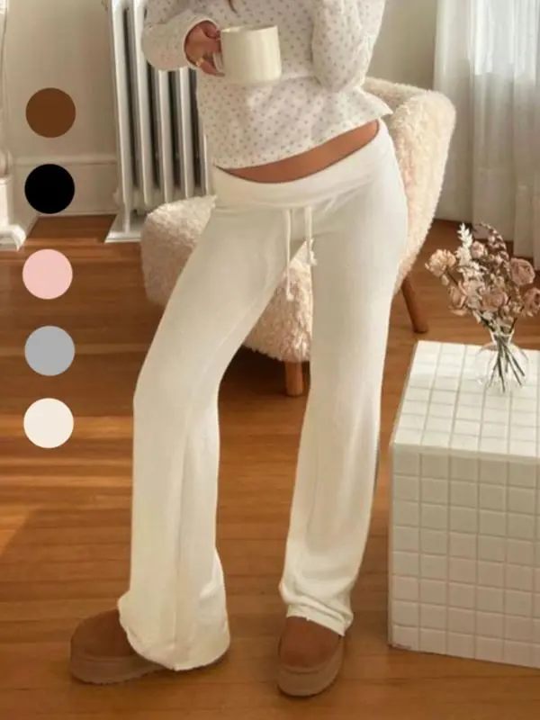 Women's Solid Adjustable Drawstring Waist Straight Leg Pants, Minimalist Flattering Pants for Women, Fashion Casual Chic Fitted Drop Waist Trousers for Daily Outdoor Casual Wear