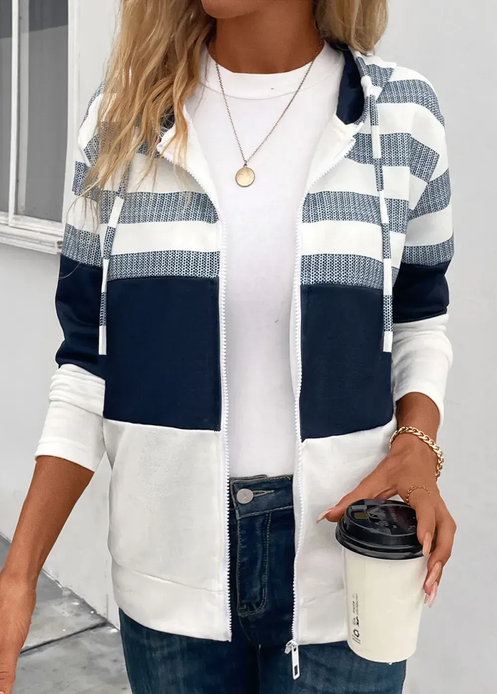 Navy Pocket Striped Long Sleeve Hooded Coat