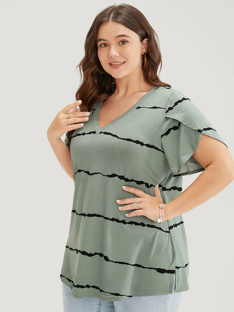 Striped Contrast Petal Sleeve T-shirt