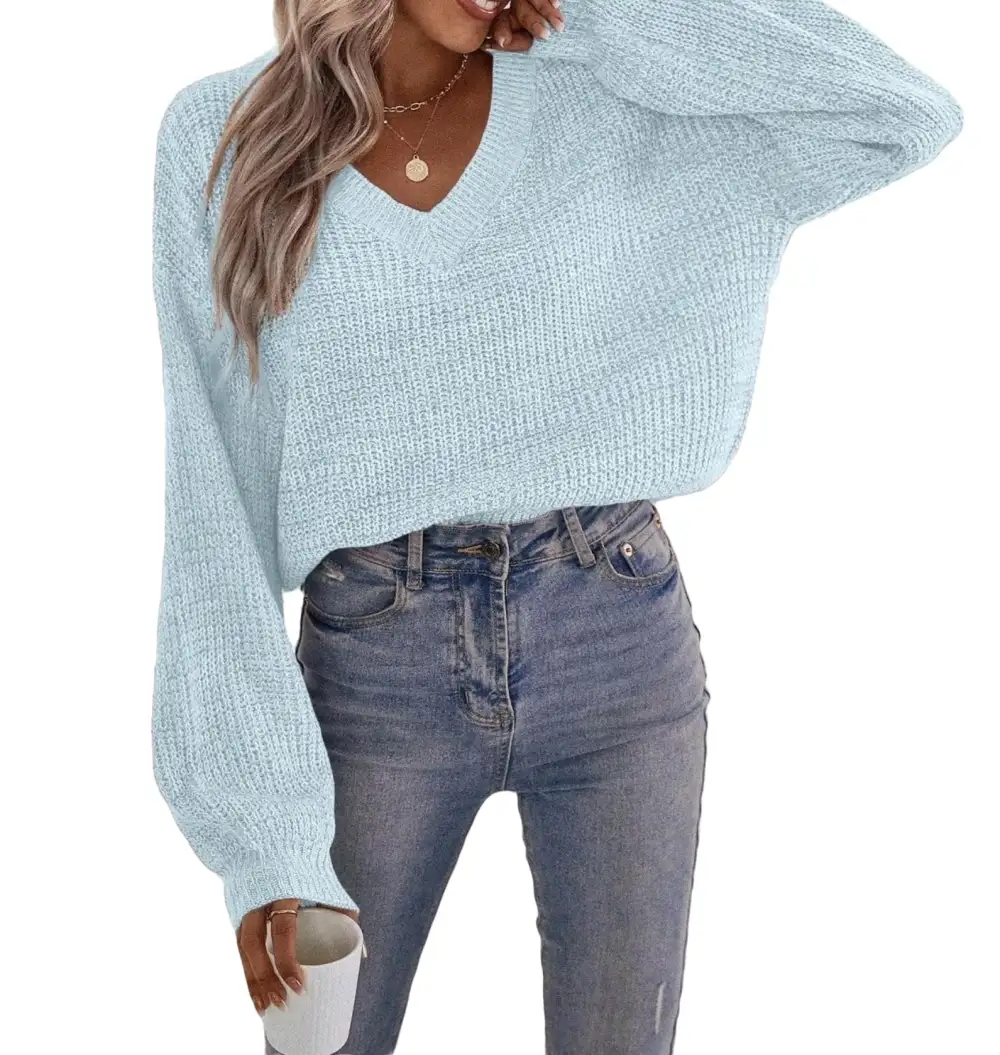Casual Plain V neck Pullovers Long Sleeve Brown Women Sweaters (Women's)