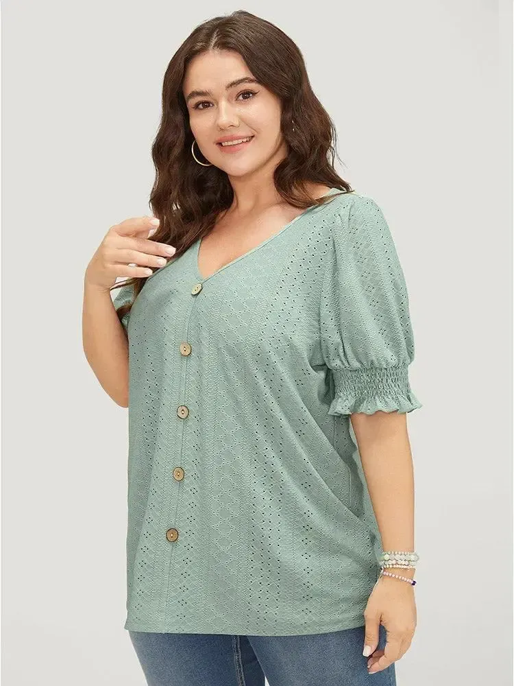 Plain Broderie Anglaise Shirred Puff Sleeve Button Detail T-shirt