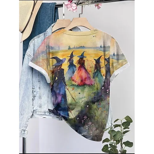 Women's Halloween Sweatshirt Pullover Witch Halloween Print Yellow Casual Crew Neck Long Sleeve Top Micro-elastic Spring Fall & Winter
