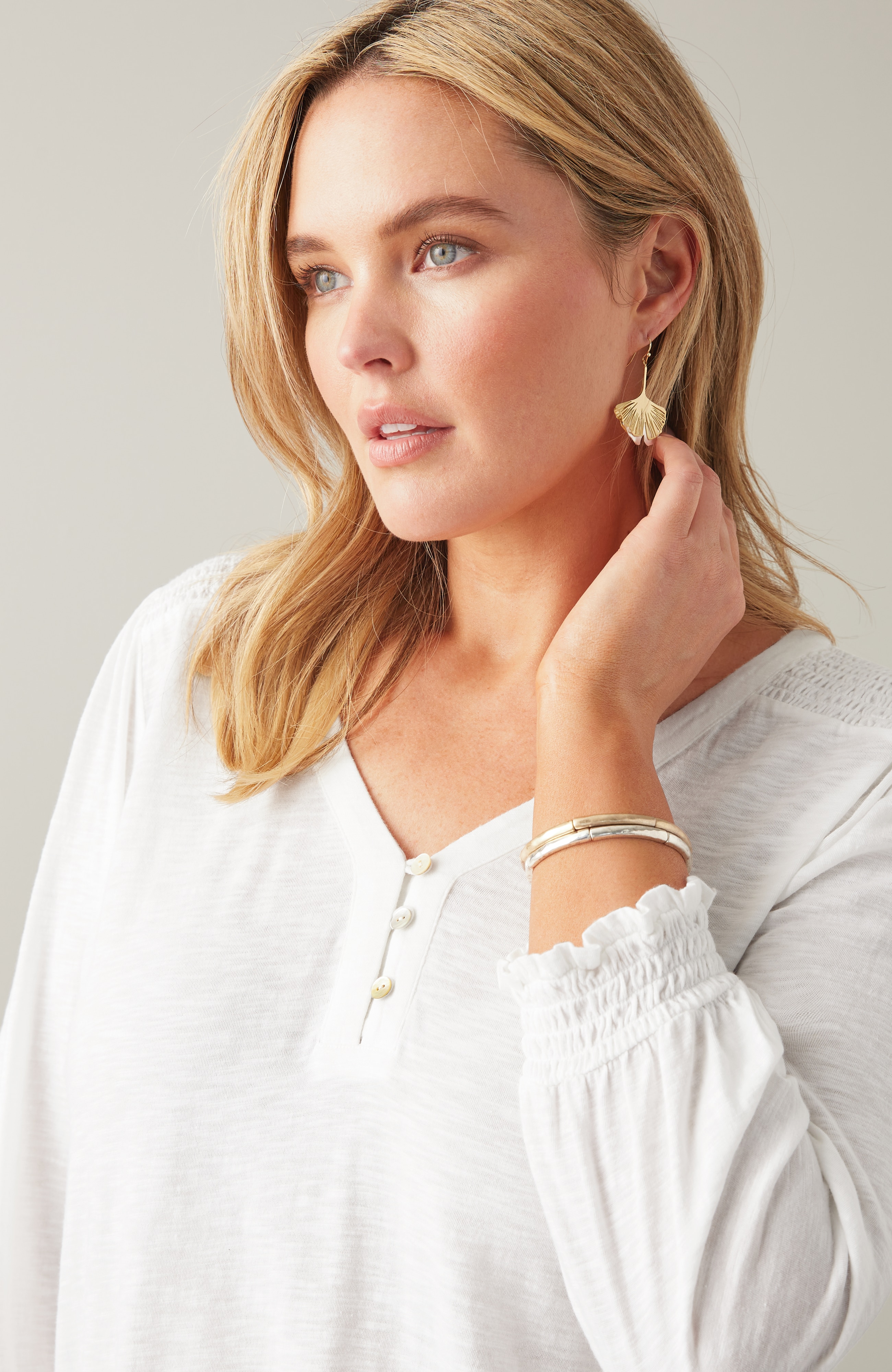 Smocked-Sleeve Henley Top