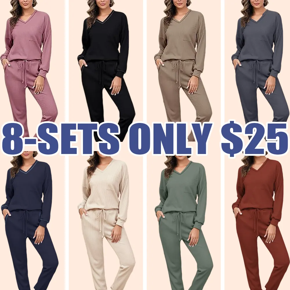 Women's Waffle Knit Lounge Set – Long Sleeve Pullover & Jogger Sweatpants