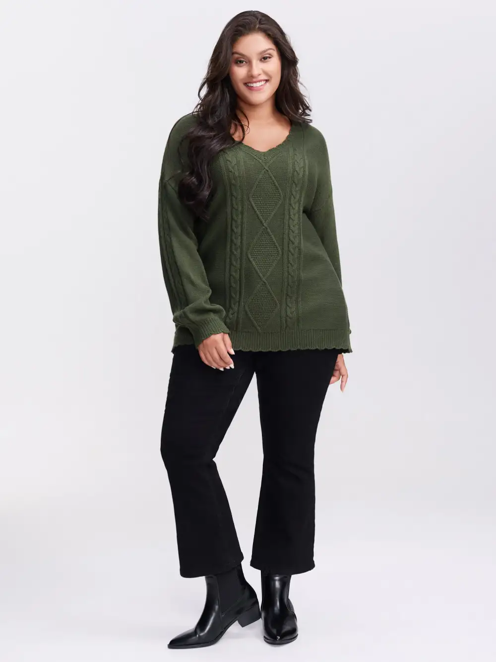 CableKnit Balloon Sleeve V-Neck Pullover