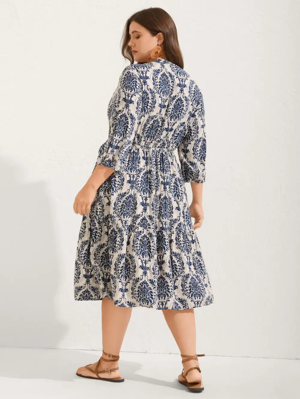 Damask Print Tie Knot Puff Sleeve Dress