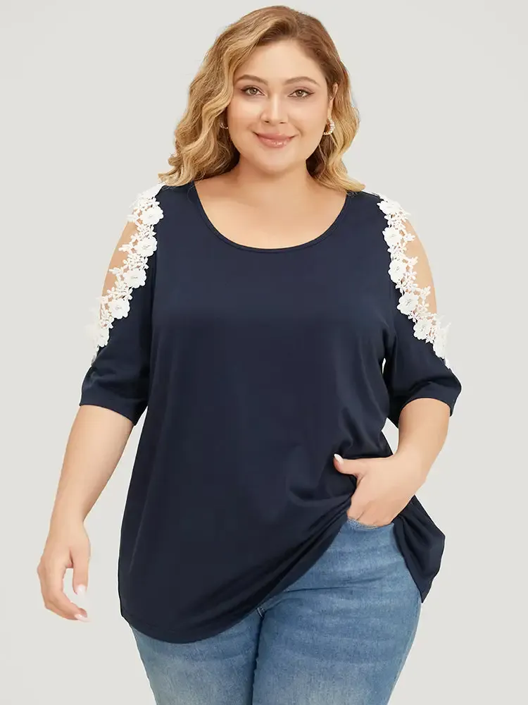 Solid Guipure Lace Cold Shoulder T-shirt