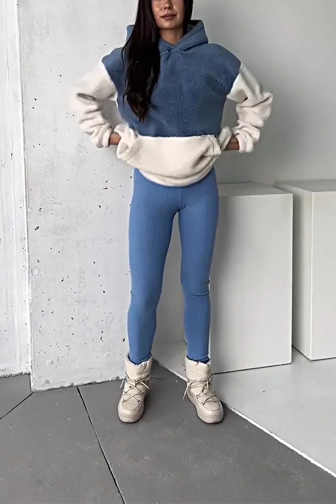 Women's contrast fleece hoodie and pants two-piece set