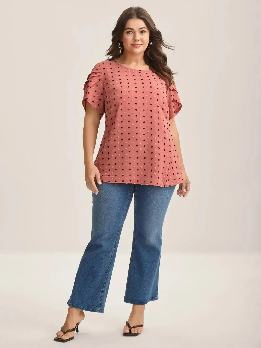 Textured Color Contrast Petal Sleeve Blouse