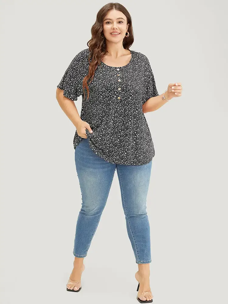 Ditsy Floral Pleated Front Button Detail Blouse