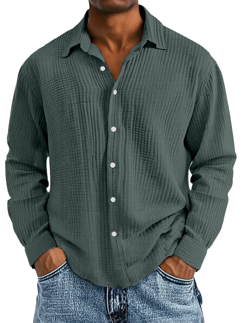 Men's Casual Cotton Pleated Solid Color Lapel Long Sleeve Shirt