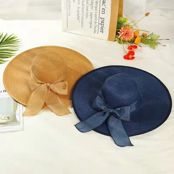 Ladies Summer Ribbon Hats Elegant Straw Hats For Women Beach Seaside Vacation Foldable Sun Hat Sun Floppy Visor