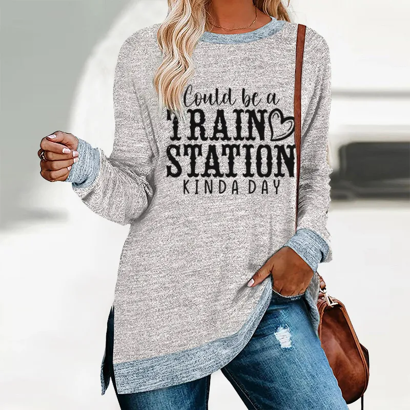 Womens Crewneck Sweatshirts Pullovers Color Block Long Sleeve Sweatershirt Tunic Tops, Dark Grey, Large