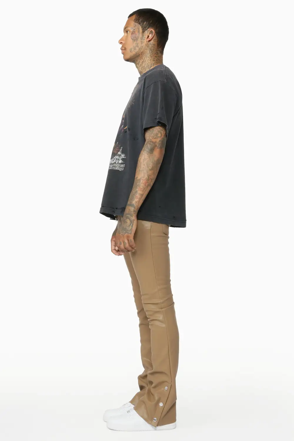 Ennis Beige PU Stacked Flare Jean