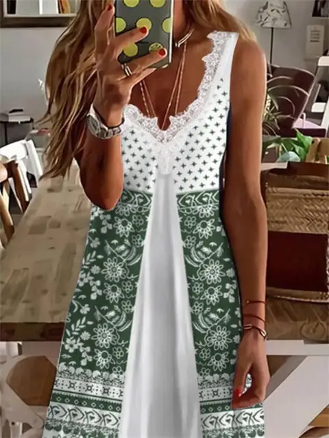 Sleeveless Print V-Neck Midi Dress