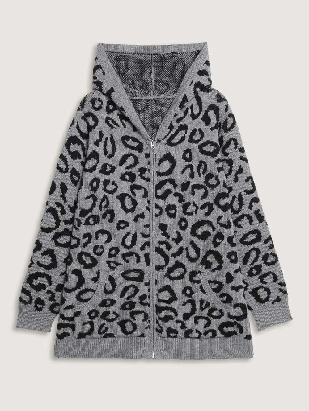 Leopard Print Jacquard Hooded Knit Cardigan