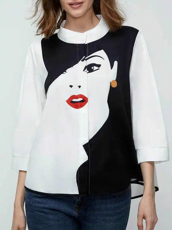 Casual Three-Quarter Sleeves Figure Buttoned Printed Stand Collar Blouses&Shirts Tops