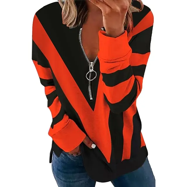 Women's Sweatshirt Pullover Color Block Abstract Streetwear Basic Zipper White Blue Purple Casual V Neck Long Sleeve Spring &  Fall Fall & Winter