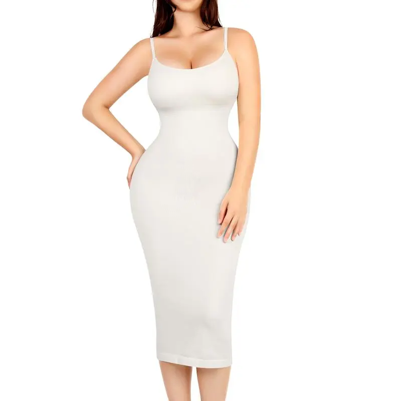 Women’s Seamless V-Neck Maxi Dress with Built-in Shaper-Spaghetti Strap
