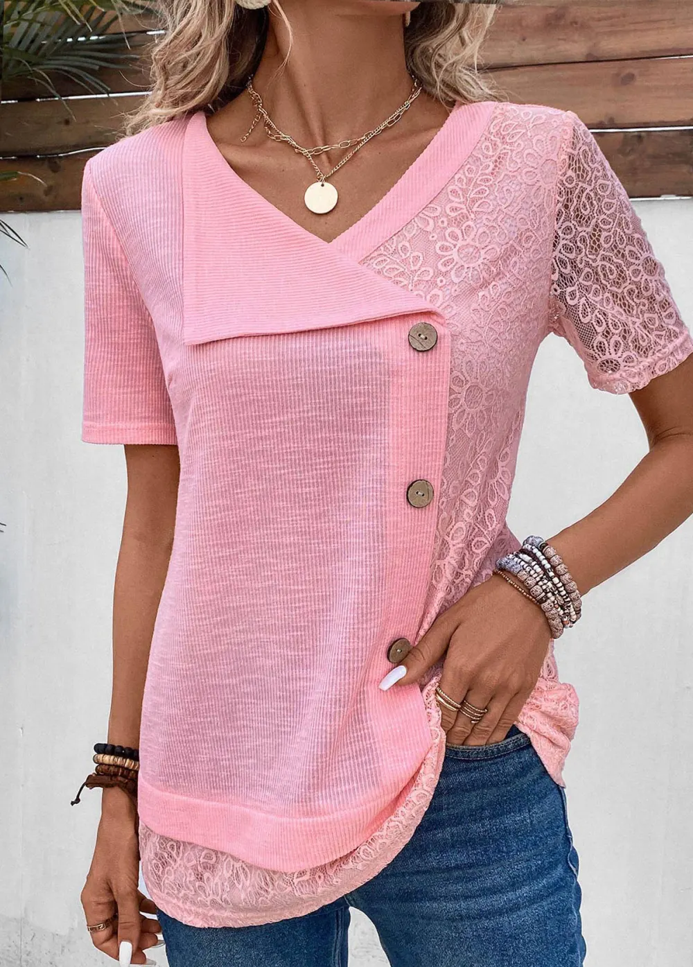 Patchwork Floral Print V Neck T Shirt