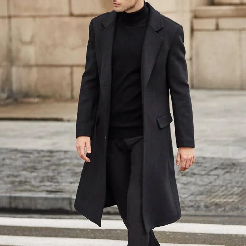 Men's Solid Color Woolen Long Coat