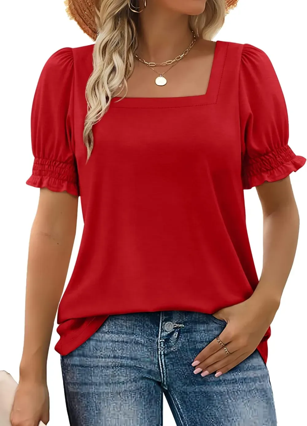 ✨Women's Square Neck  Smocked Sleeve T-Shirt Casual Top