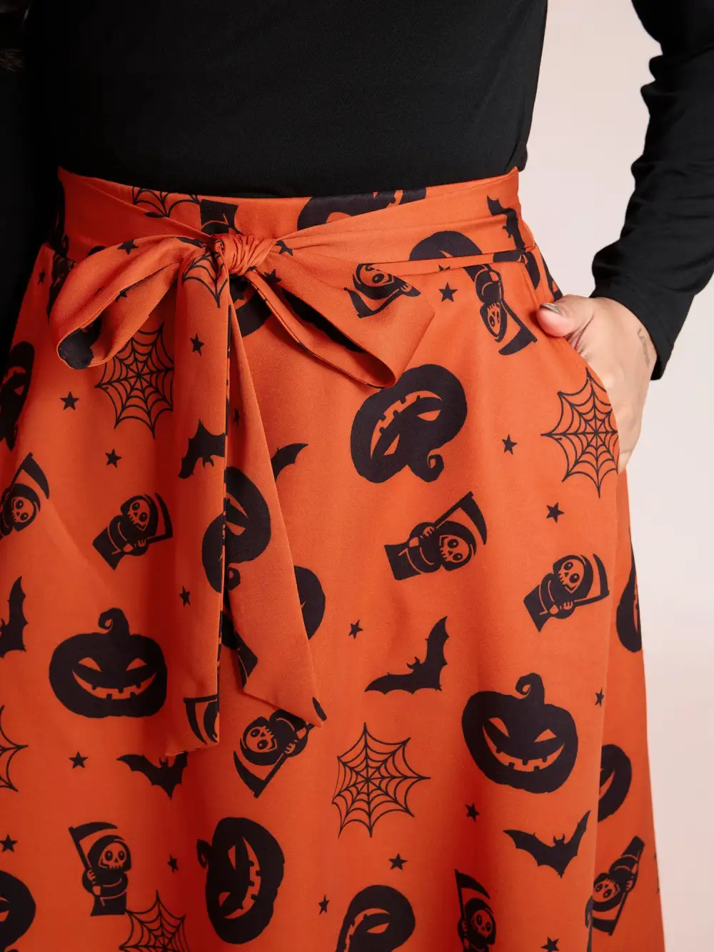 Pumpkin Print Belted Maxi Skirt