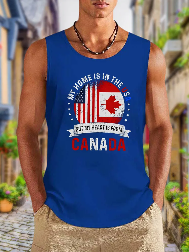 Men'S My Home Is In The Usa But My Heart Is From Canada Round Neck Cotton Vest