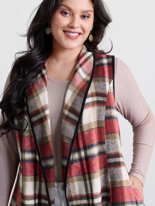 Plaid Curvy Hem Open-Front Vest