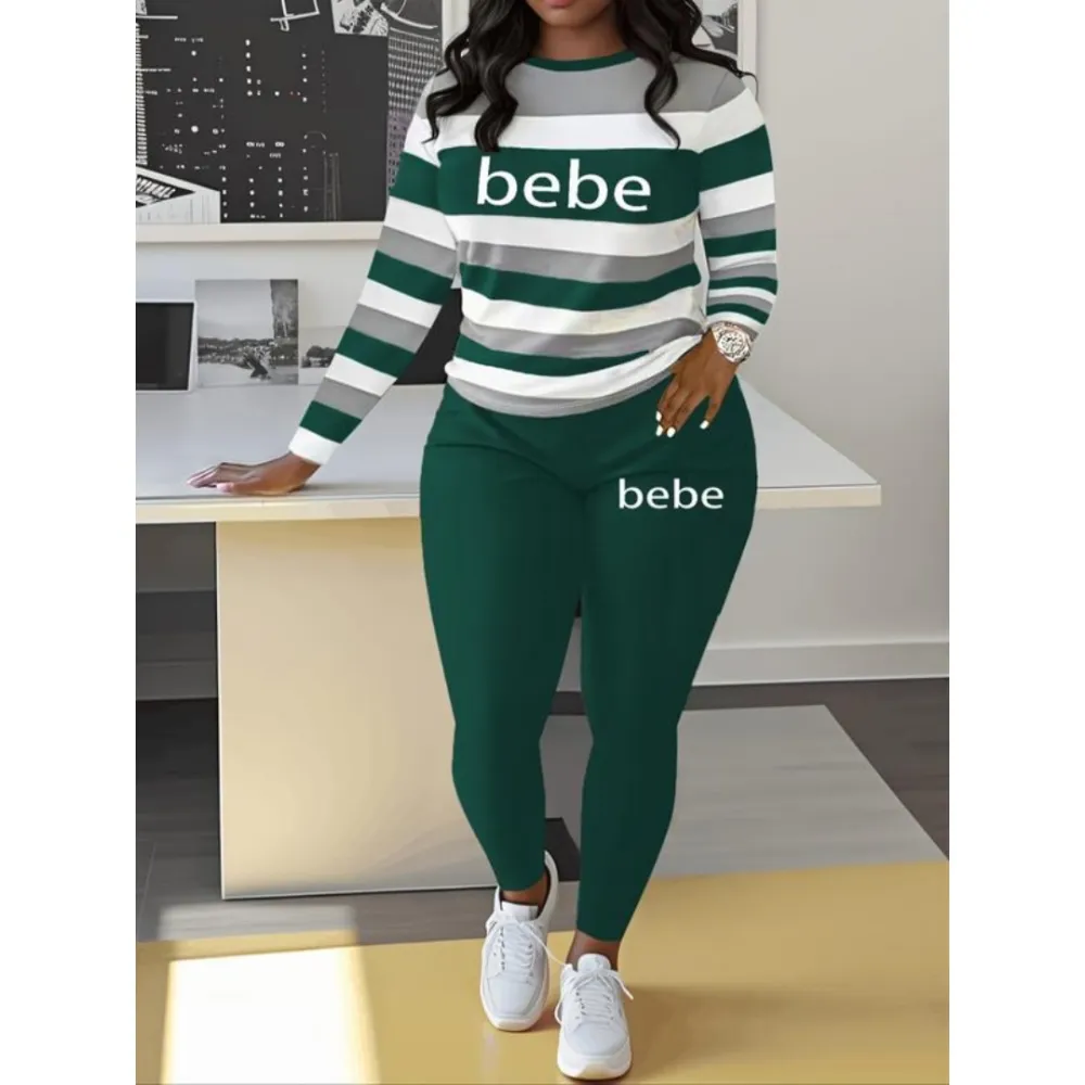Women's Striped Bebe Letter Print Set
