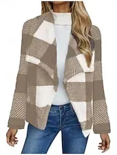 Women's Fleece Jacket Casual Jacket Comfortable Breathable Print Casual Plaid Vacation Street Casual Daily Wear Open Front Long Turndown Regular Fit Long Sleeve Outerwear Black And White Black Pink