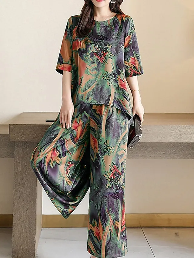 Women's Loungewear Sets Flower Fashion Casual Comfort Street Daily Date Polyester Breathable Crew Neck Short Sleeve T shirt Tee Pant Pocket Summer Spring Light Green Red