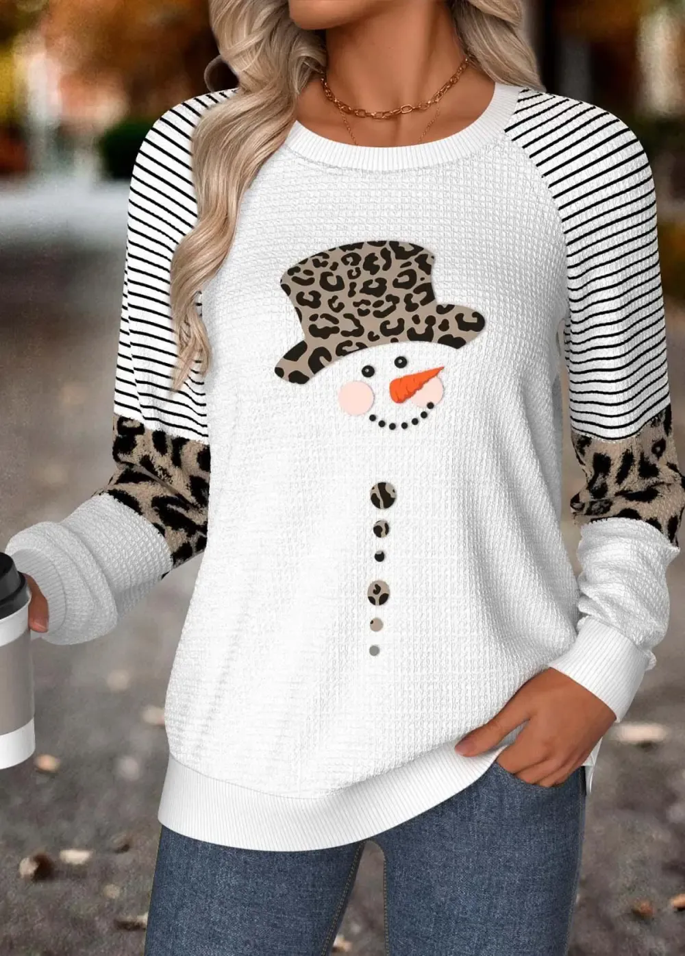White Tummy Coverage Snowman Print Long Sleeve Sweatshirt