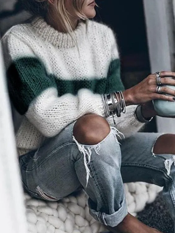 Striped Colorblock Mohair Crew Neck Sweater