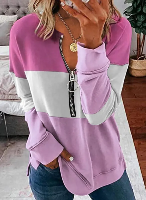 2021 new fashion color block striped V-neck long sleeve top sweatshirt