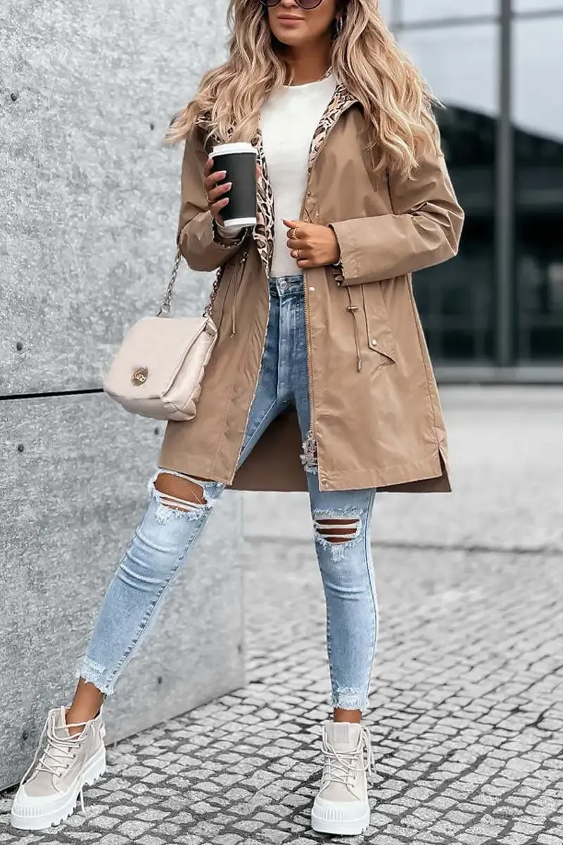 Casual Leopard Print Patchwork Hooded Windbreaker Jacket