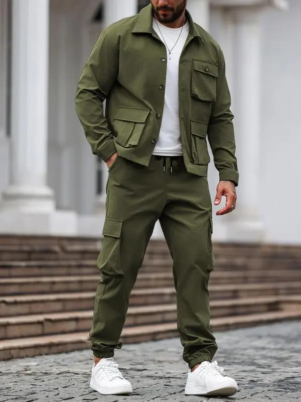 Men's Solid Color Pocket Button Front Jackets & Pants Two-Piece Set