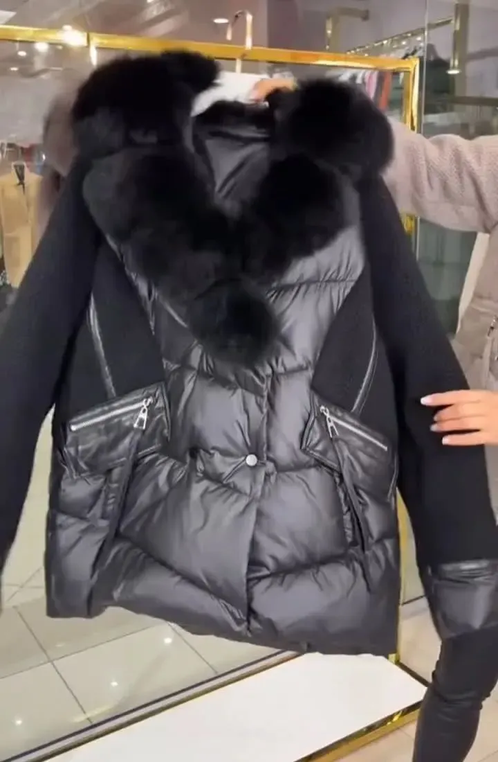 Down Jacket with Fur - trimmed Hood and Knitted Sleeves