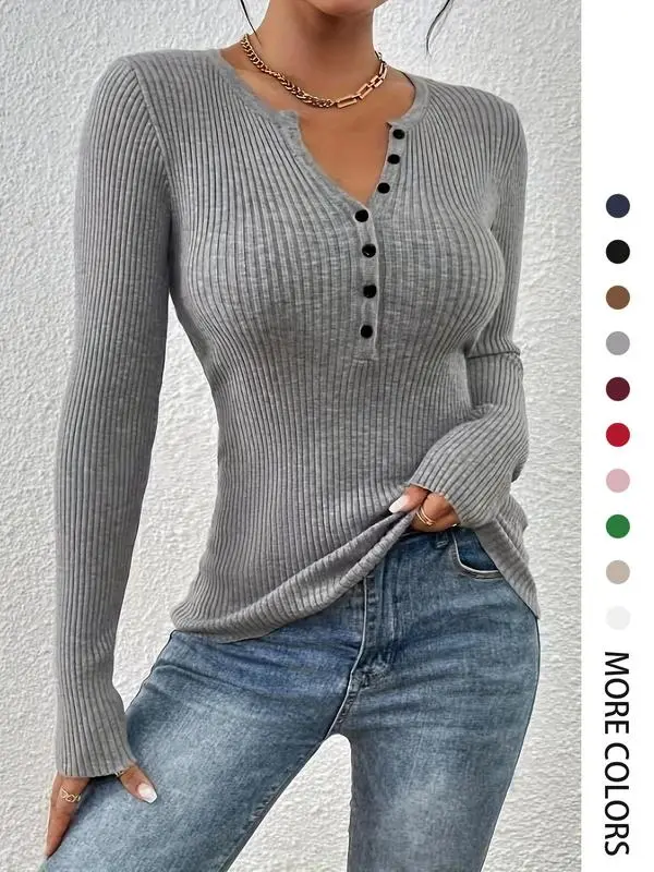 Slim Fit Ribbed Sweater – Women’s Button Front Long Sleeve Knit Top