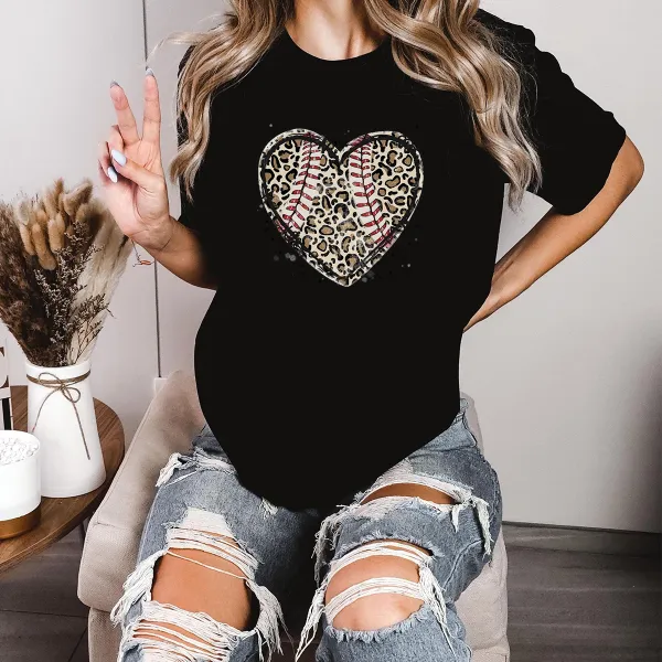 A Heart-Shaped Pattern With Baseball Stitching Elements Inside And Leopard Print, And Some Ink Splash Effects Around It, A Simple, Casual T-Shirt.