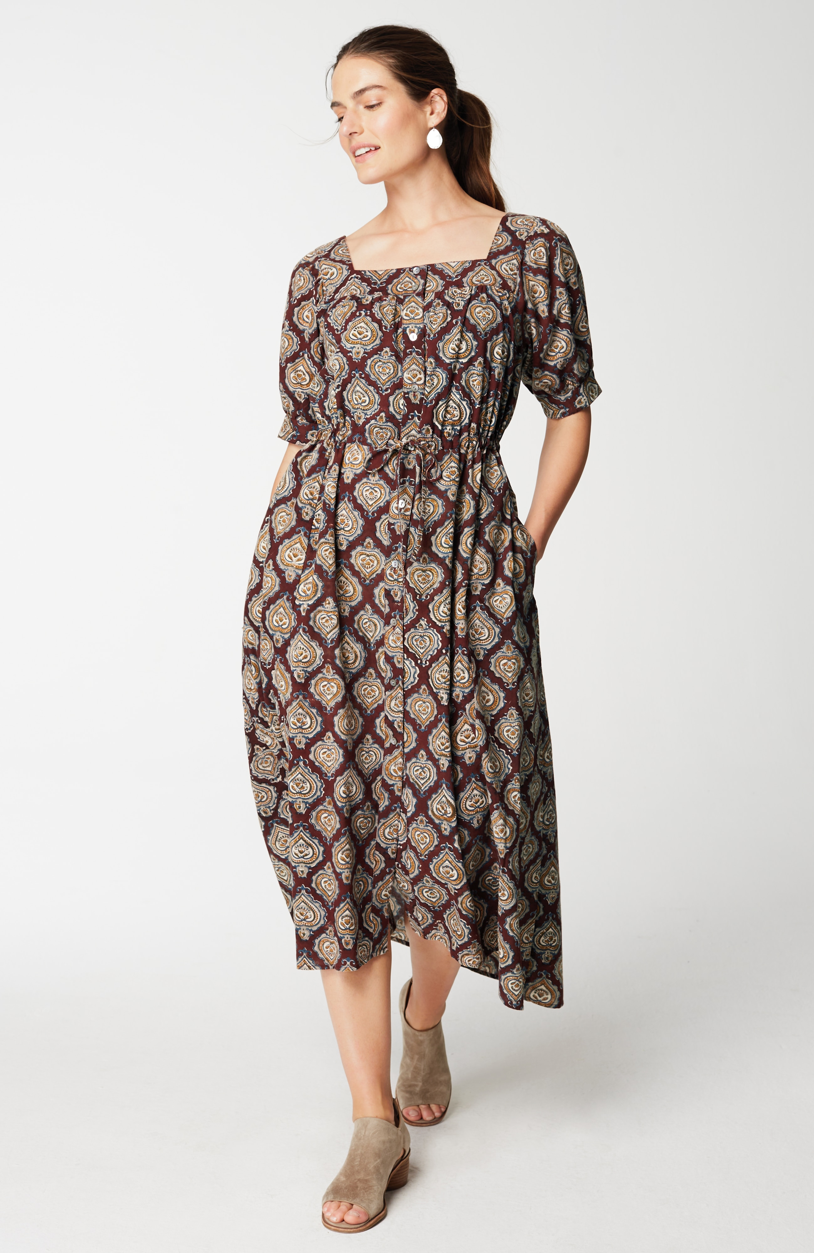 Pure Jill Block-Printed Square-Neck Dress