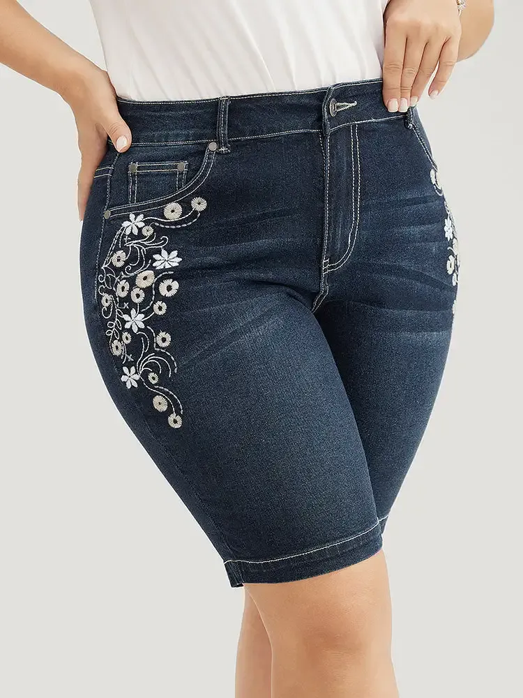 Very Stretchy High Rise Dark Wash Floral Embroidered Denim Shorts