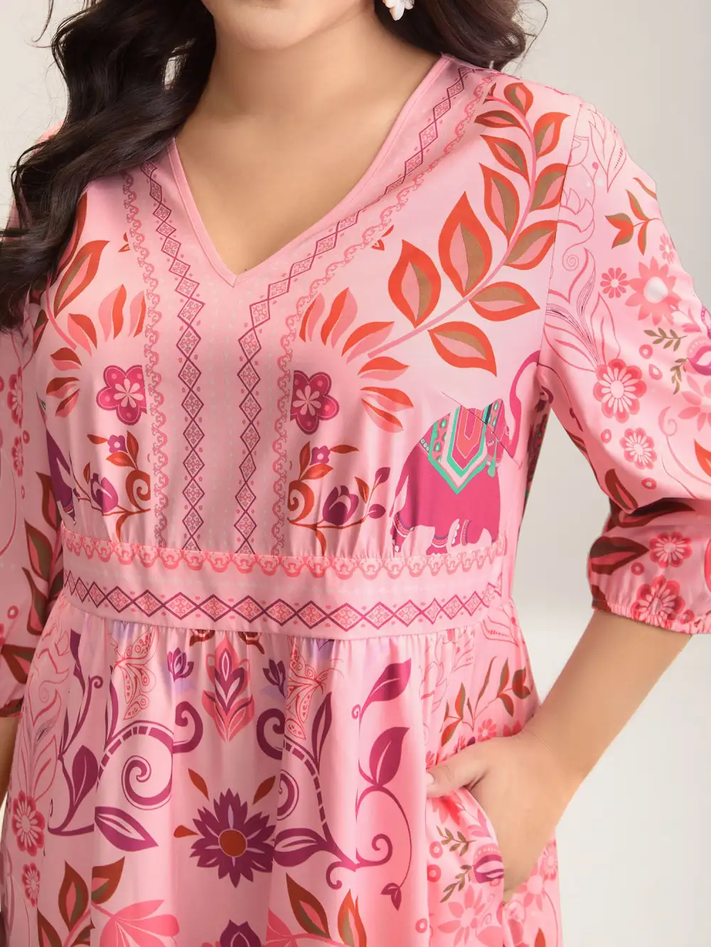 Boho Print V-Neck Pockets Midi Dress