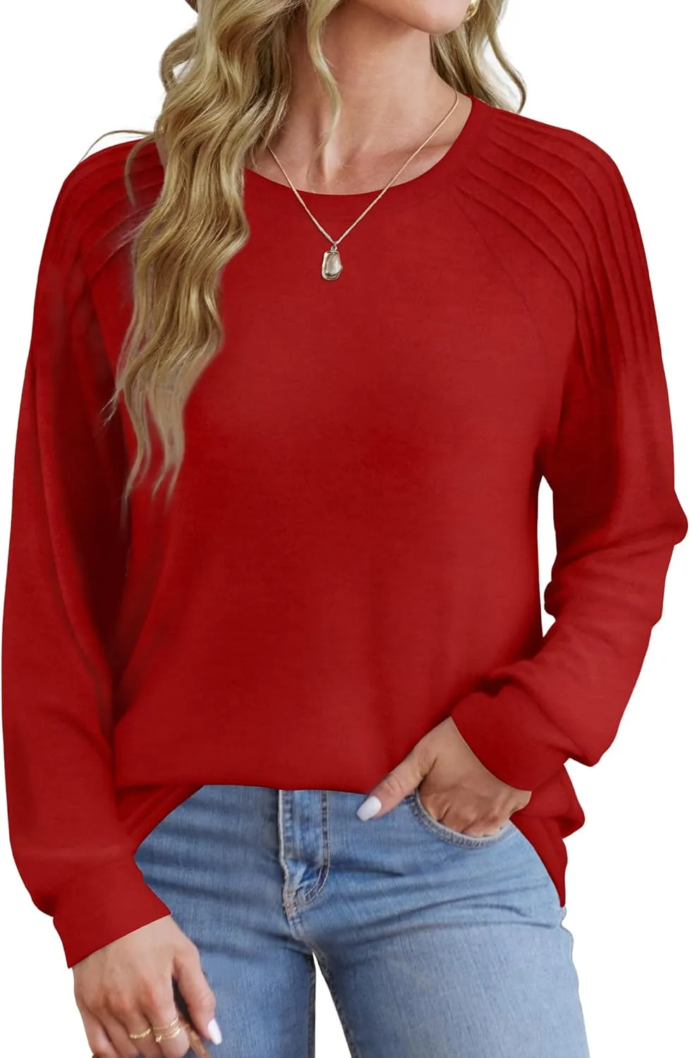 Sweatshirt for Women Crewneck Pleated Long Sleeve Shirts Tunic Tops Fashion 2024